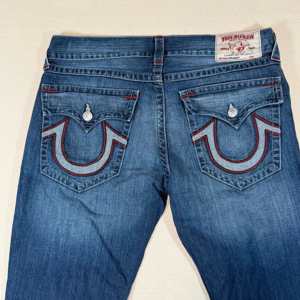 True Religion Section Straight Jeans Mens 38x32.5 Blue Denim Red Contrast Stitch